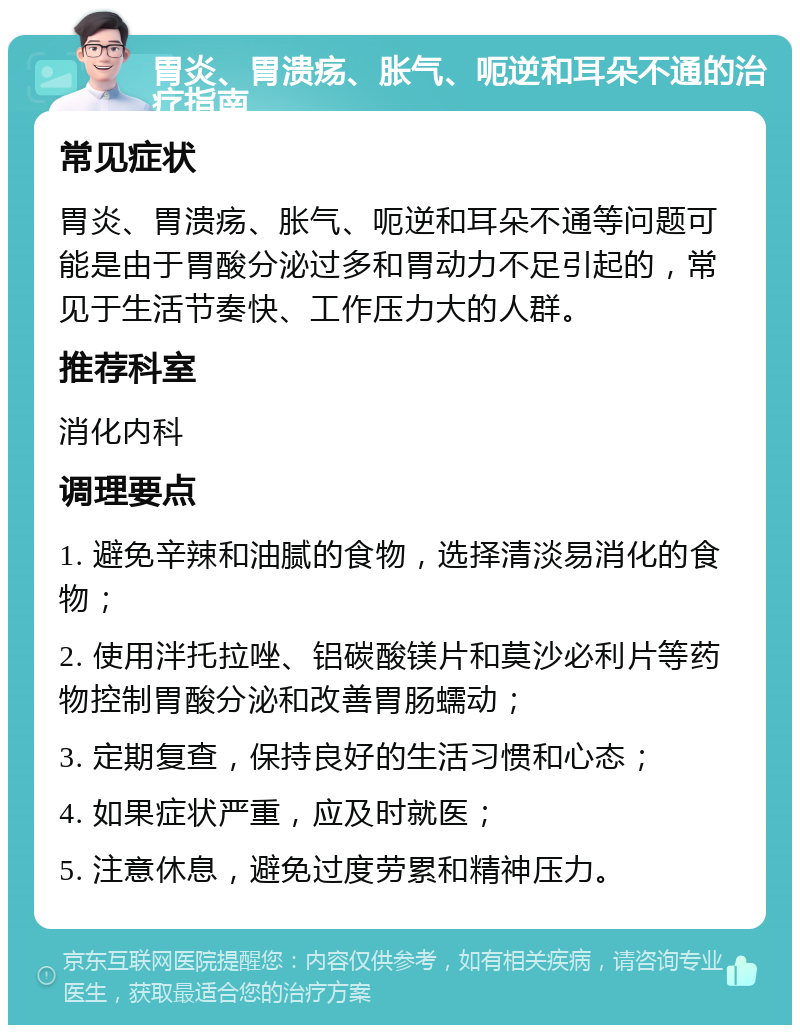 胃炎、胃溃疡、胀气、呃逆和耳朵不通的治疗指南 常见症状 胃炎、胃溃疡、胀气、呃逆和耳朵不通等问题可能是由于胃酸分泌过多和胃动力不足引起的，常见于生活节奏快、工作压力大的人群。 推荐科室 消化内科 调理要点 1. 避免辛辣和油腻的食物，选择清淡易消化的食物； 2. 使用泮托拉唑、铝碳酸镁片和莫沙必利片等药物控制胃酸分泌和改善胃肠蠕动； 3. 定期复查，保持良好的生活习惯和心态； 4. 如果症状严重，应及时就医； 5. 注意休息，避免过度劳累和精神压力。