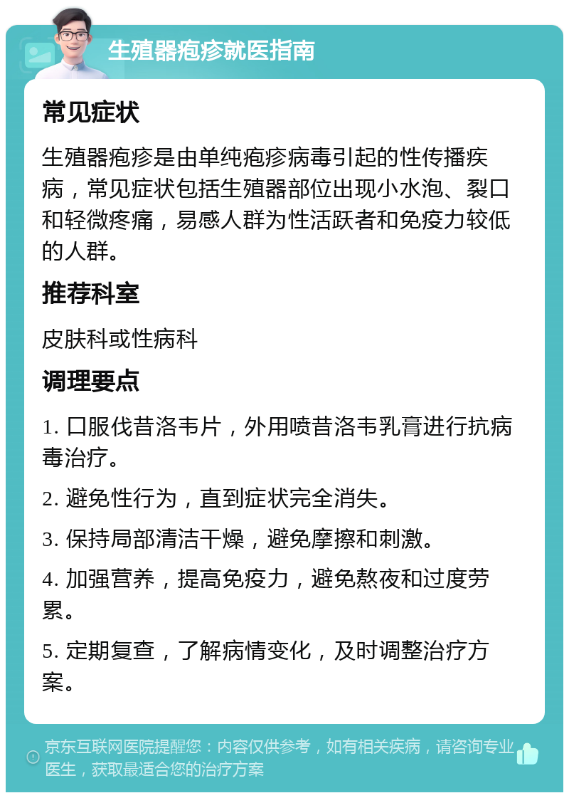 生殖器疱疹就医指南 常见症状 生殖器疱疹是由单纯疱疹病毒引起的性传播疾病，常见症状包括生殖器部位出现小水泡、裂口和轻微疼痛，易感人群为性活跃者和免疫力较低的人群。 推荐科室 皮肤科或性病科 调理要点 1. 口服伐昔洛韦片，外用喷昔洛韦乳膏进行抗病毒治疗。 2. 避免性行为，直到症状完全消失。 3. 保持局部清洁干燥，避免摩擦和刺激。 4. 加强营养，提高免疫力，避免熬夜和过度劳累。 5. 定期复查，了解病情变化，及时调整治疗方案。