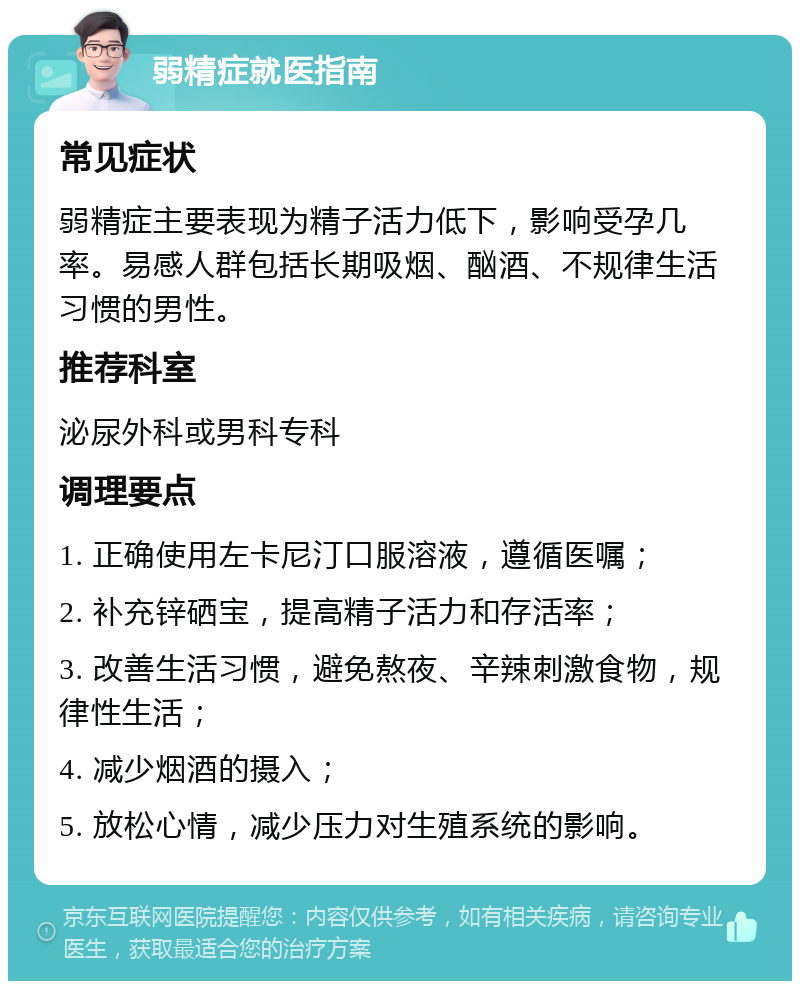 弱精症就医指南 常见症状 弱精症主要表现为精子活力低下，影响受孕几率。易感人群包括长期吸烟、酗酒、不规律生活习惯的男性。 推荐科室 泌尿外科或男科专科 调理要点 1. 正确使用左卡尼汀口服溶液，遵循医嘱； 2. 补充锌硒宝，提高精子活力和存活率； 3. 改善生活习惯，避免熬夜、辛辣刺激食物，规律性生活； 4. 减少烟酒的摄入； 5. 放松心情，减少压力对生殖系统的影响。