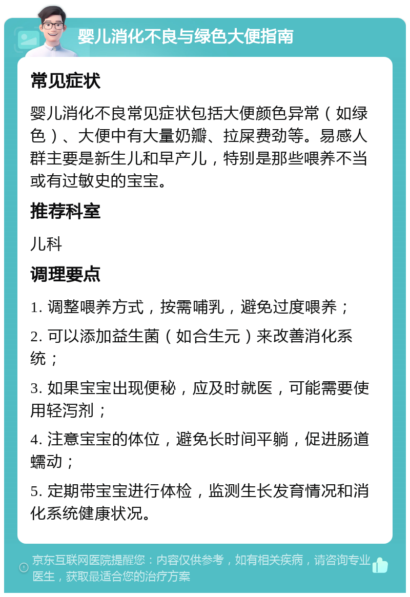 婴儿消化不良与绿色大便指南 常见症状 婴儿消化不良常见症状包括大便颜色异常（如绿色）、大便中有大量奶瓣、拉屎费劲等。易感人群主要是新生儿和早产儿，特别是那些喂养不当或有过敏史的宝宝。 推荐科室 儿科 调理要点 1. 调整喂养方式，按需哺乳，避免过度喂养； 2. 可以添加益生菌（如合生元）来改善消化系统； 3. 如果宝宝出现便秘，应及时就医，可能需要使用轻泻剂； 4. 注意宝宝的体位，避免长时间平躺，促进肠道蠕动； 5. 定期带宝宝进行体检，监测生长发育情况和消化系统健康状况。