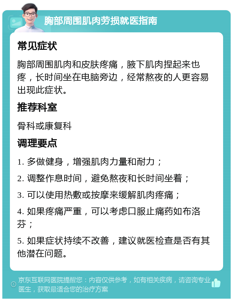 胸部周围肌肉劳损就医指南 常见症状 胸部周围肌肉和皮肤疼痛，腋下肌肉捏起来也疼，长时间坐在电脑旁边，经常熬夜的人更容易出现此症状。 推荐科室 骨科或康复科 调理要点 1. 多做健身，增强肌肉力量和耐力； 2. 调整作息时间，避免熬夜和长时间坐着； 3. 可以使用热敷或按摩来缓解肌肉疼痛； 4. 如果疼痛严重，可以考虑口服止痛药如布洛芬； 5. 如果症状持续不改善，建议就医检查是否有其他潜在问题。