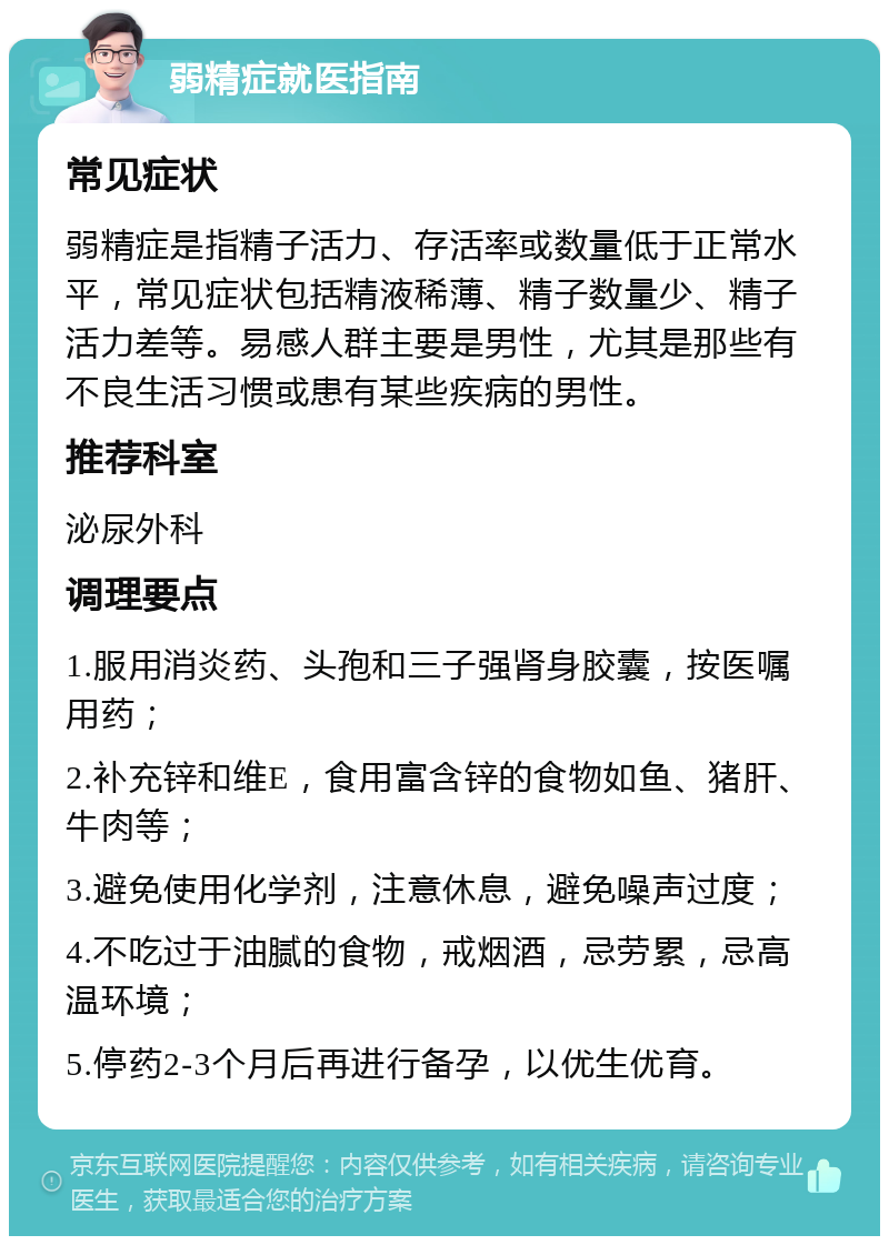 弱精症就医指南 常见症状 弱精症是指精子活力、存活率或数量低于正常水平，常见症状包括精液稀薄、精子数量少、精子活力差等。易感人群主要是男性，尤其是那些有不良生活习惯或患有某些疾病的男性。 推荐科室 泌尿外科 调理要点 1.服用消炎药、头孢和三子强肾身胶囊，按医嘱用药； 2.补充锌和维E，食用富含锌的食物如鱼、猪肝、牛肉等； 3.避免使用化学剂，注意休息，避免噪声过度； 4.不吃过于油腻的食物，戒烟酒，忌劳累，忌高温环境； 5.停药2-3个月后再进行备孕，以优生优育。