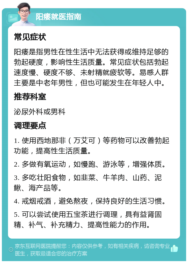 阳痿就医指南 常见症状 阳痿是指男性在性生活中无法获得或维持足够的勃起硬度，影响性生活质量。常见症状包括勃起速度慢、硬度不够、未射精就疲软等。易感人群主要是中老年男性，但也可能发生在年轻人中。 推荐科室 泌尿外科或男科 调理要点 1. 使用西地那非（万艾可）等药物可以改善勃起功能，提高性生活质量。 2. 多做有氧运动，如慢跑、游泳等，增强体质。 3. 多吃壮阳食物，如韭菜、牛羊肉、山药、泥鳅、海产品等。 4. 戒烟戒酒，避免熬夜，保持良好的生活习惯。 5. 可以尝试使用五宝茶进行调理，具有益肾固精、补气、补充精力、提高性能力的作用。