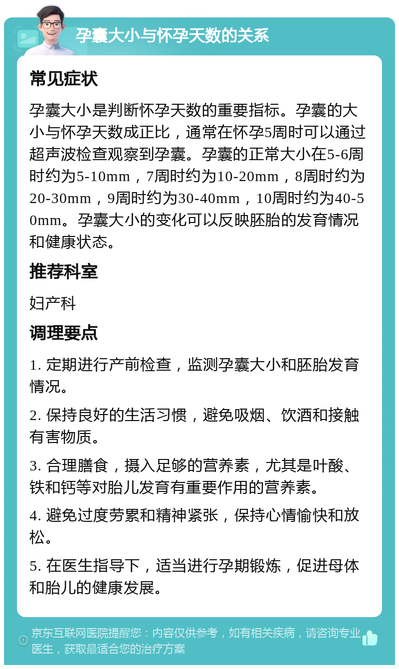 孕囊大小与怀孕天数的关系 常见症状 孕囊大小是判断怀孕天数的重要指标。孕囊的大小与怀孕天数成正比，通常在怀孕5周时可以通过超声波检查观察到孕囊。孕囊的正常大小在5-6周时约为5-10mm，7周时约为10-20mm，8周时约为20-30mm，9周时约为30-40mm，10周时约为40-50mm。孕囊大小的变化可以反映胚胎的发育情况和健康状态。 推荐科室 妇产科 调理要点 1. 定期进行产前检查，监测孕囊大小和胚胎发育情况。 2. 保持良好的生活习惯，避免吸烟、饮酒和接触有害物质。 3. 合理膳食，摄入足够的营养素，尤其是叶酸、铁和钙等对胎儿发育有重要作用的营养素。 4. 避免过度劳累和精神紧张，保持心情愉快和放松。 5. 在医生指导下，适当进行孕期锻炼，促进母体和胎儿的健康发展。