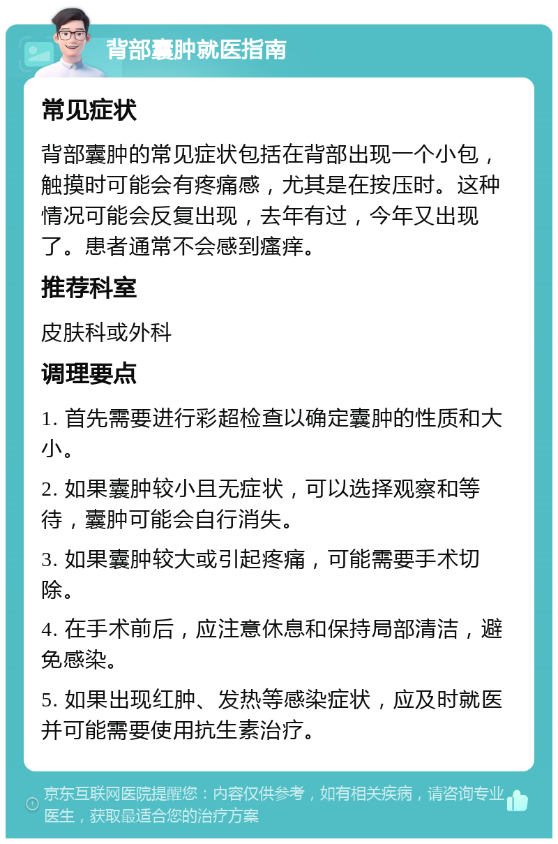 背部囊肿就医指南 常见症状 背部囊肿的常见症状包括在背部出现一个小包，触摸时可能会有疼痛感，尤其是在按压时。这种情况可能会反复出现，去年有过，今年又出现了。患者通常不会感到瘙痒。 推荐科室 皮肤科或外科 调理要点 1. 首先需要进行彩超检查以确定囊肿的性质和大小。 2. 如果囊肿较小且无症状，可以选择观察和等待，囊肿可能会自行消失。 3. 如果囊肿较大或引起疼痛，可能需要手术切除。 4. 在手术前后，应注意休息和保持局部清洁，避免感染。 5. 如果出现红肿、发热等感染症状，应及时就医并可能需要使用抗生素治疗。