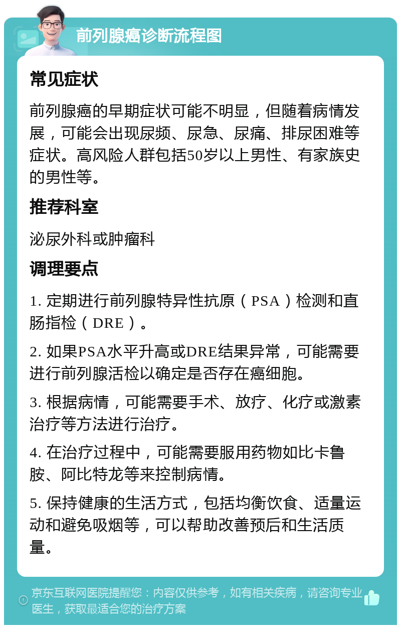 前列腺癌诊断流程图 常见症状 前列腺癌的早期症状可能不明显，但随着病情发展，可能会出现尿频、尿急、尿痛、排尿困难等症状。高风险人群包括50岁以上男性、有家族史的男性等。 推荐科室 泌尿外科或肿瘤科 调理要点 1. 定期进行前列腺特异性抗原（PSA）检测和直肠指检（DRE）。 2. 如果PSA水平升高或DRE结果异常，可能需要进行前列腺活检以确定是否存在癌细胞。 3. 根据病情，可能需要手术、放疗、化疗或激素治疗等方法进行治疗。 4. 在治疗过程中，可能需要服用药物如比卡鲁胺、阿比特龙等来控制病情。 5. 保持健康的生活方式，包括均衡饮食、适量运动和避免吸烟等，可以帮助改善预后和生活质量。