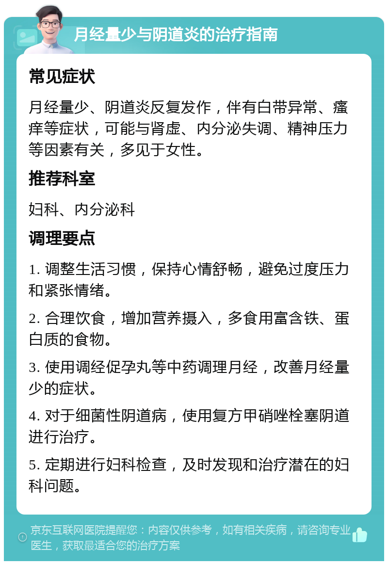 月经量少与阴道炎的治疗指南 常见症状 月经量少、阴道炎反复发作，伴有白带异常、瘙痒等症状，可能与肾虚、内分泌失调、精神压力等因素有关，多见于女性。 推荐科室 妇科、内分泌科 调理要点 1. 调整生活习惯，保持心情舒畅，避免过度压力和紧张情绪。 2. 合理饮食，增加营养摄入，多食用富含铁、蛋白质的食物。 3. 使用调经促孕丸等中药调理月经，改善月经量少的症状。 4. 对于细菌性阴道病，使用复方甲硝唑栓塞阴道进行治疗。 5. 定期进行妇科检查，及时发现和治疗潜在的妇科问题。