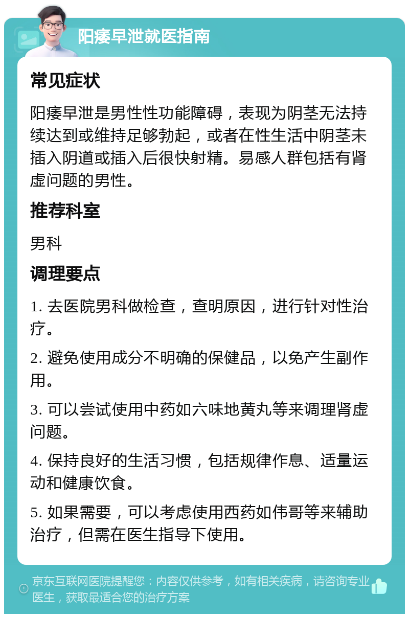 阳痿早泄就医指南 常见症状 阳痿早泄是男性性功能障碍，表现为阴茎无法持续达到或维持足够勃起，或者在性生活中阴茎未插入阴道或插入后很快射精。易感人群包括有肾虚问题的男性。 推荐科室 男科 调理要点 1. 去医院男科做检查，查明原因，进行针对性治疗。 2. 避免使用成分不明确的保健品，以免产生副作用。 3. 可以尝试使用中药如六味地黄丸等来调理肾虚问题。 4. 保持良好的生活习惯，包括规律作息、适量运动和健康饮食。 5. 如果需要，可以考虑使用西药如伟哥等来辅助治疗，但需在医生指导下使用。