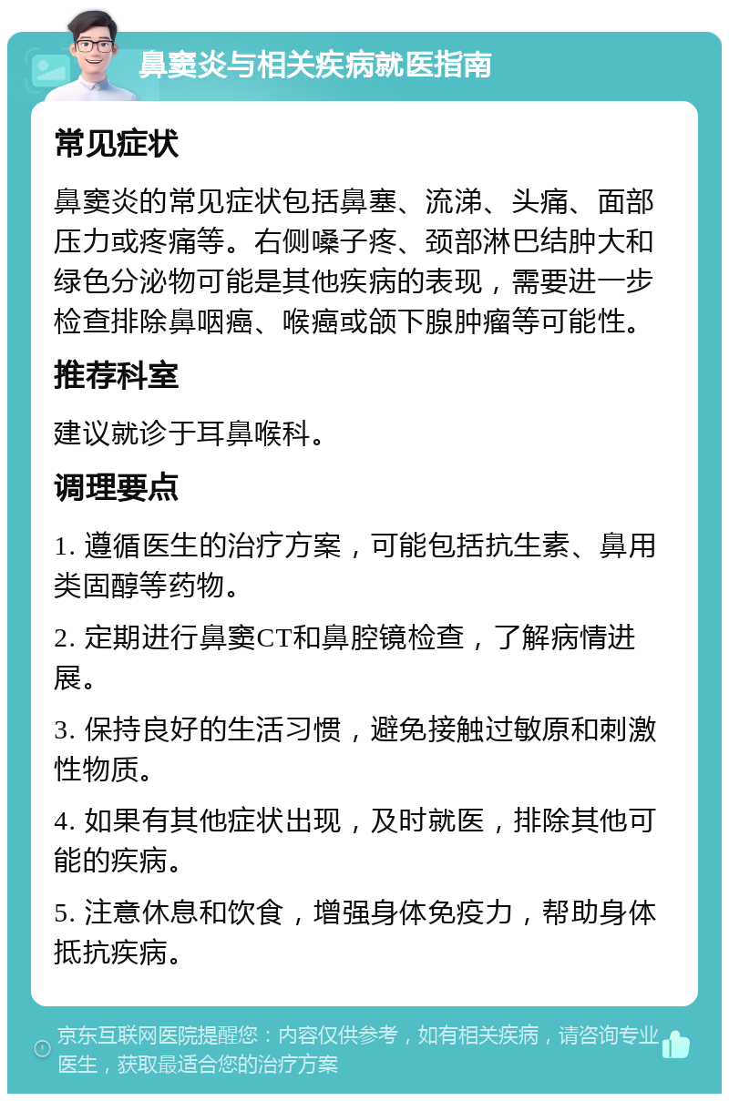 鼻窦炎与相关疾病就医指南 常见症状 鼻窦炎的常见症状包括鼻塞、流涕、头痛、面部压力或疼痛等。右侧嗓子疼、颈部淋巴结肿大和绿色分泌物可能是其他疾病的表现，需要进一步检查排除鼻咽癌、喉癌或颌下腺肿瘤等可能性。 推荐科室 建议就诊于耳鼻喉科。 调理要点 1. 遵循医生的治疗方案，可能包括抗生素、鼻用类固醇等药物。 2. 定期进行鼻窦CT和鼻腔镜检查，了解病情进展。 3. 保持良好的生活习惯，避免接触过敏原和刺激性物质。 4. 如果有其他症状出现，及时就医，排除其他可能的疾病。 5. 注意休息和饮食，增强身体免疫力，帮助身体抵抗疾病。