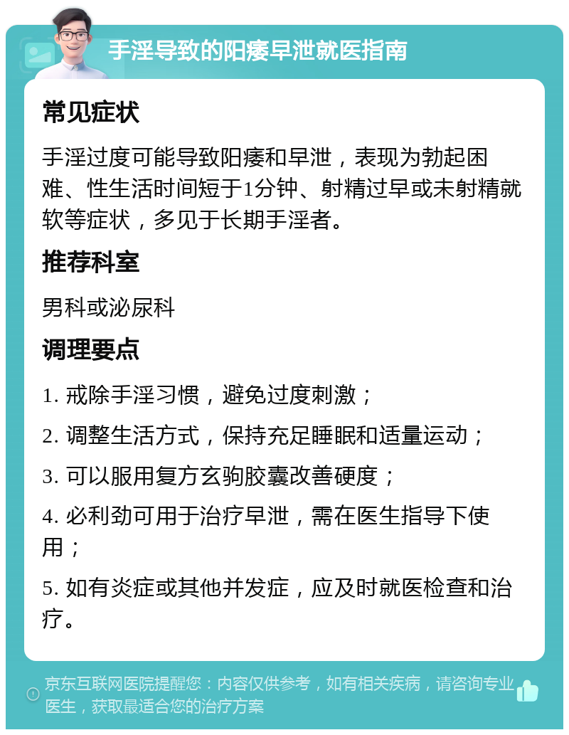 手淫导致的阳痿早泄就医指南 常见症状 手淫过度可能导致阳痿和早泄，表现为勃起困难、性生活时间短于1分钟、射精过早或未射精就软等症状，多见于长期手淫者。 推荐科室 男科或泌尿科 调理要点 1. 戒除手淫习惯，避免过度刺激； 2. 调整生活方式，保持充足睡眠和适量运动； 3. 可以服用复方玄驹胶囊改善硬度； 4. 必利劲可用于治疗早泄，需在医生指导下使用； 5. 如有炎症或其他并发症，应及时就医检查和治疗。