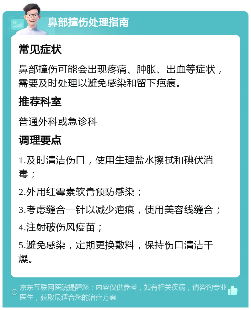 鼻部撞伤处理指南 常见症状 鼻部撞伤可能会出现疼痛、肿胀、出血等症状，需要及时处理以避免感染和留下疤痕。 推荐科室 普通外科或急诊科 调理要点 1.及时清洁伤口，使用生理盐水擦拭和碘伏消毒； 2.外用红霉素软膏预防感染； 3.考虑缝合一针以减少疤痕，使用美容线缝合； 4.注射破伤风疫苗； 5.避免感染，定期更换敷料，保持伤口清洁干燥。