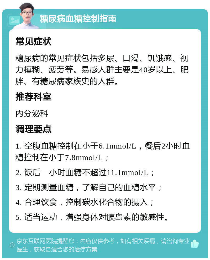 糖尿病血糖控制指南 常见症状 糖尿病的常见症状包括多尿、口渴、饥饿感、视力模糊、疲劳等。易感人群主要是40岁以上、肥胖、有糖尿病家族史的人群。 推荐科室 内分泌科 调理要点 1. 空腹血糖控制在小于6.1mmol/L，餐后2小时血糖控制在小于7.8mmol/L； 2. 饭后一小时血糖不超过11.1mmol/L； 3. 定期测量血糖，了解自己的血糖水平； 4. 合理饮食，控制碳水化合物的摄入； 5. 适当运动，增强身体对胰岛素的敏感性。