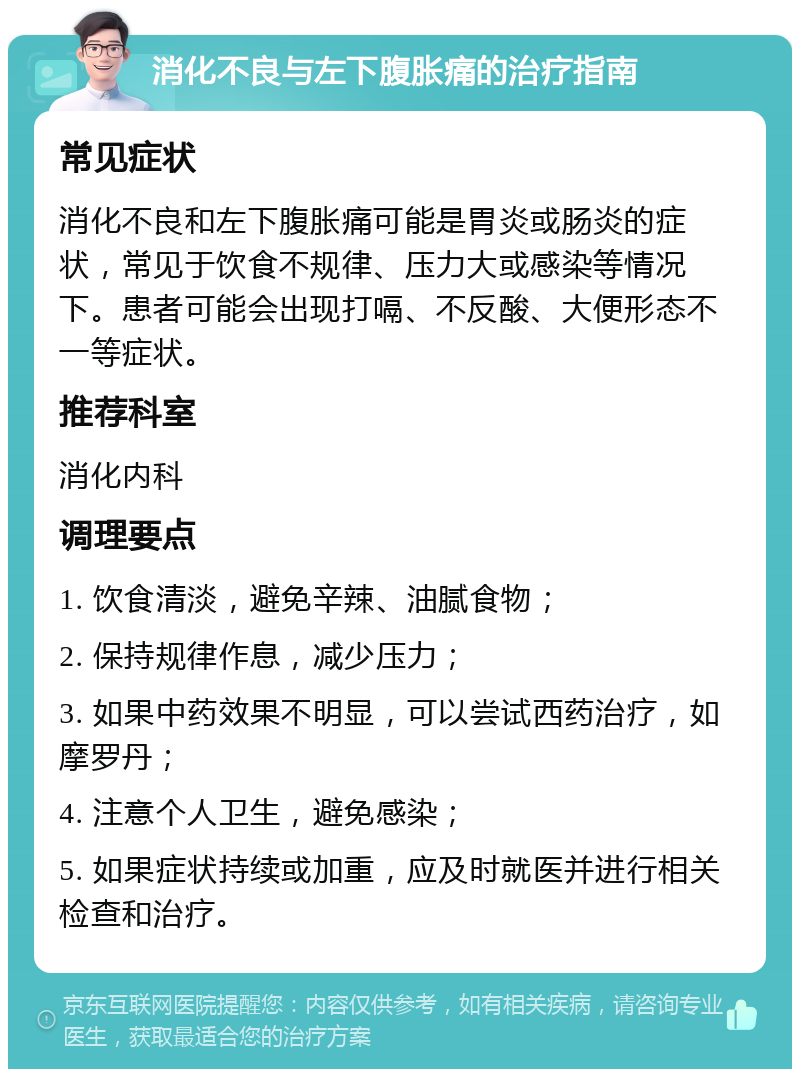 消化不良与左下腹胀痛的治疗指南 常见症状 消化不良和左下腹胀痛可能是胃炎或肠炎的症状，常见于饮食不规律、压力大或感染等情况下。患者可能会出现打嗝、不反酸、大便形态不一等症状。 推荐科室 消化内科 调理要点 1. 饮食清淡，避免辛辣、油腻食物； 2. 保持规律作息，减少压力； 3. 如果中药效果不明显，可以尝试西药治疗，如摩罗丹； 4. 注意个人卫生，避免感染； 5. 如果症状持续或加重，应及时就医并进行相关检查和治疗。