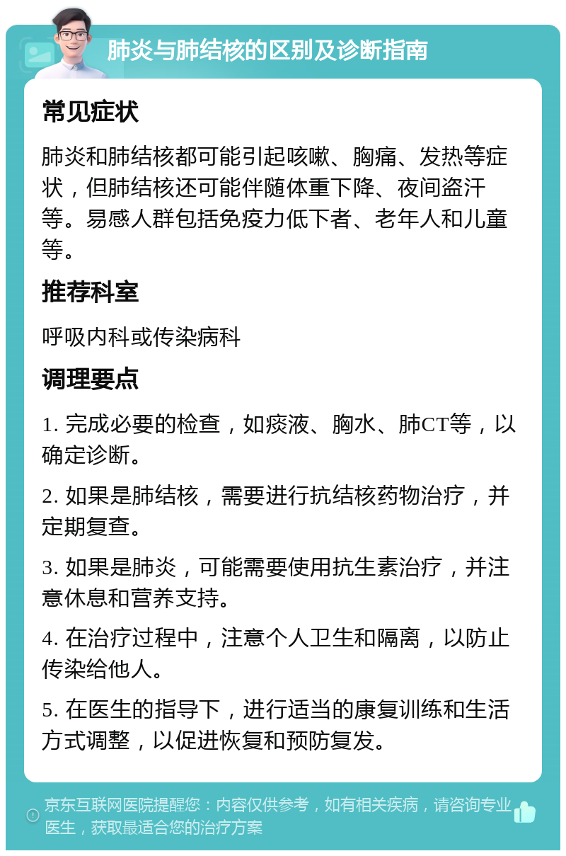 肺炎与肺结核的区别及诊断指南 常见症状 肺炎和肺结核都可能引起咳嗽、胸痛、发热等症状，但肺结核还可能伴随体重下降、夜间盗汗等。易感人群包括免疫力低下者、老年人和儿童等。 推荐科室 呼吸内科或传染病科 调理要点 1. 完成必要的检查，如痰液、胸水、肺CT等，以确定诊断。 2. 如果是肺结核，需要进行抗结核药物治疗，并定期复查。 3. 如果是肺炎，可能需要使用抗生素治疗，并注意休息和营养支持。 4. 在治疗过程中，注意个人卫生和隔离，以防止传染给他人。 5. 在医生的指导下，进行适当的康复训练和生活方式调整，以促进恢复和预防复发。