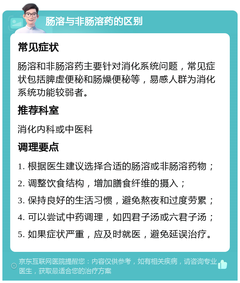 肠溶与非肠溶药的区别 常见症状 肠溶和非肠溶药主要针对消化系统问题，常见症状包括脾虚便秘和肠燥便秘等，易感人群为消化系统功能较弱者。 推荐科室 消化内科或中医科 调理要点 1. 根据医生建议选择合适的肠溶或非肠溶药物； 2. 调整饮食结构，增加膳食纤维的摄入； 3. 保持良好的生活习惯，避免熬夜和过度劳累； 4. 可以尝试中药调理，如四君子汤或六君子汤； 5. 如果症状严重，应及时就医，避免延误治疗。