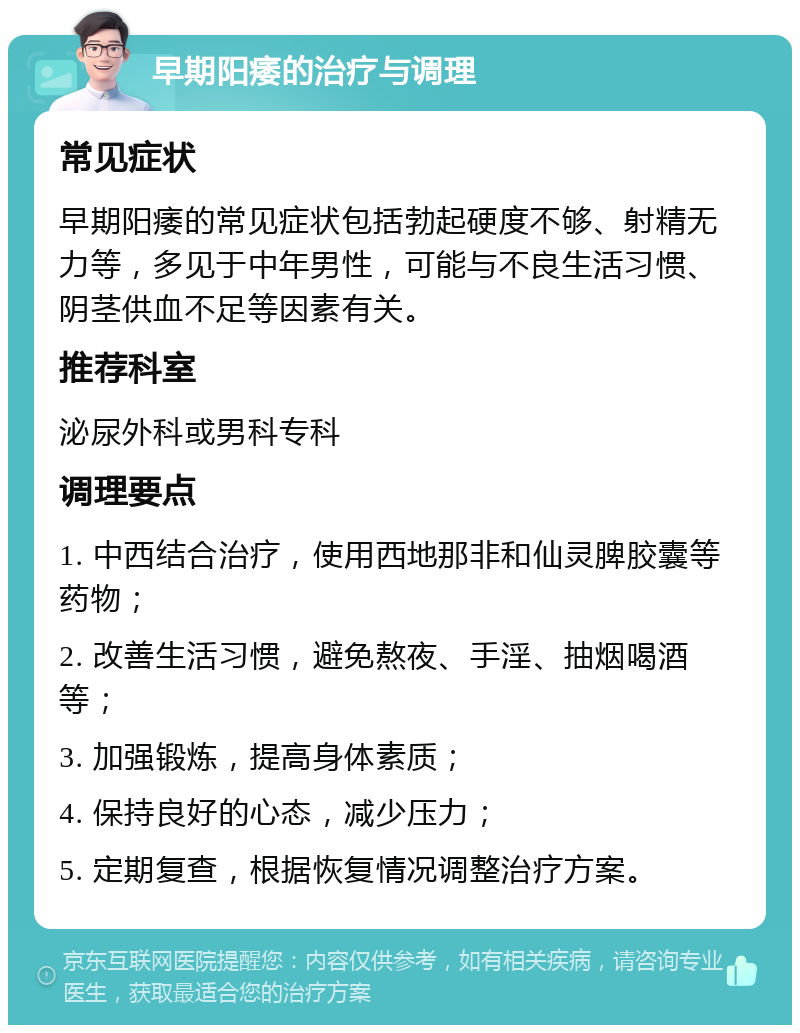 早期阳痿的治疗与调理 常见症状 早期阳痿的常见症状包括勃起硬度不够、射精无力等，多见于中年男性，可能与不良生活习惯、阴茎供血不足等因素有关。 推荐科室 泌尿外科或男科专科 调理要点 1. 中西结合治疗，使用西地那非和仙灵脾胶囊等药物； 2. 改善生活习惯，避免熬夜、手淫、抽烟喝酒等； 3. 加强锻炼，提高身体素质； 4. 保持良好的心态，减少压力； 5. 定期复查，根据恢复情况调整治疗方案。