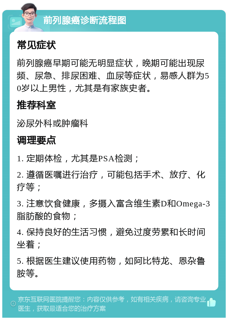 前列腺癌诊断流程图 常见症状 前列腺癌早期可能无明显症状，晚期可能出现尿频、尿急、排尿困难、血尿等症状，易感人群为50岁以上男性，尤其是有家族史者。 推荐科室 泌尿外科或肿瘤科 调理要点 1. 定期体检，尤其是PSA检测； 2. 遵循医嘱进行治疗，可能包括手术、放疗、化疗等； 3. 注意饮食健康，多摄入富含维生素D和Omega-3脂肪酸的食物； 4. 保持良好的生活习惯，避免过度劳累和长时间坐着； 5. 根据医生建议使用药物，如阿比特龙、恩杂鲁胺等。