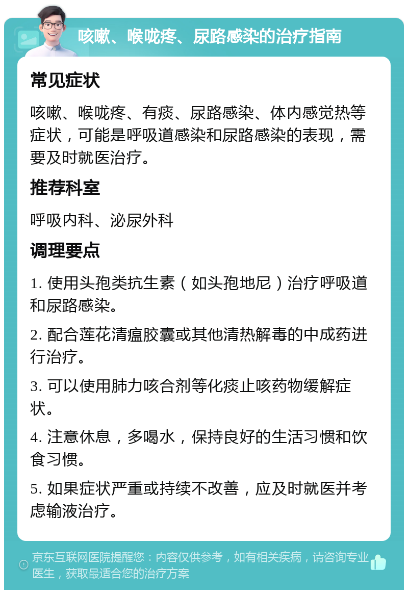 咳嗽、喉咙疼、尿路感染的治疗指南 常见症状 咳嗽、喉咙疼、有痰、尿路感染、体内感觉热等症状，可能是呼吸道感染和尿路感染的表现，需要及时就医治疗。 推荐科室 呼吸内科、泌尿外科 调理要点 1. 使用头孢类抗生素（如头孢地尼）治疗呼吸道和尿路感染。 2. 配合莲花清瘟胶囊或其他清热解毒的中成药进行治疗。 3. 可以使用肺力咳合剂等化痰止咳药物缓解症状。 4. 注意休息，多喝水，保持良好的生活习惯和饮食习惯。 5. 如果症状严重或持续不改善，应及时就医并考虑输液治疗。