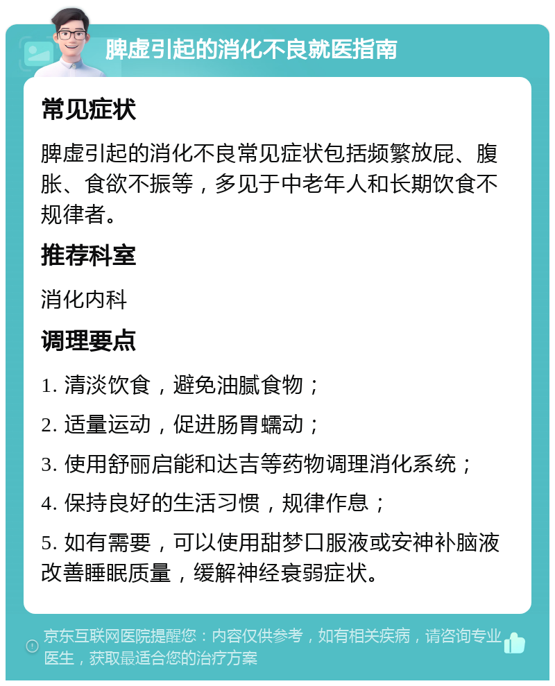 脾虚引起的消化不良就医指南 常见症状 脾虚引起的消化不良常见症状包括频繁放屁、腹胀、食欲不振等，多见于中老年人和长期饮食不规律者。 推荐科室 消化内科 调理要点 1. 清淡饮食，避免油腻食物； 2. 适量运动，促进肠胃蠕动； 3. 使用舒丽启能和达吉等药物调理消化系统； 4. 保持良好的生活习惯，规律作息； 5. 如有需要，可以使用甜梦口服液或安神补脑液改善睡眠质量，缓解神经衰弱症状。