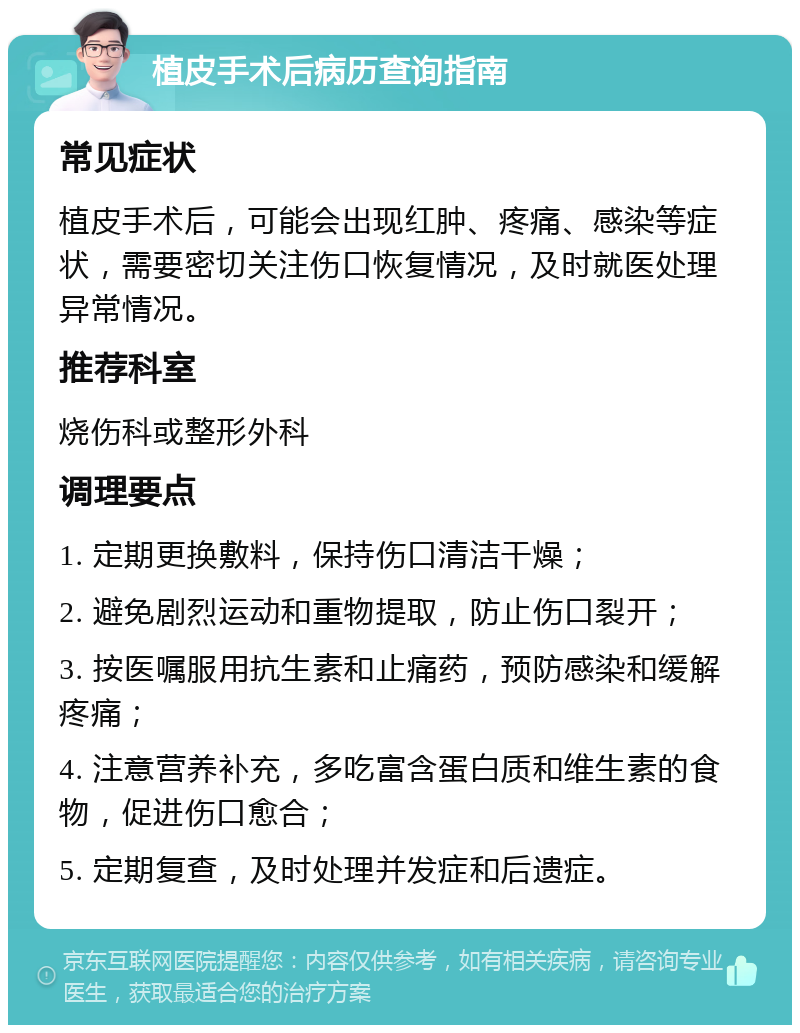 植皮手术后病历查询指南 常见症状 植皮手术后，可能会出现红肿、疼痛、感染等症状，需要密切关注伤口恢复情况，及时就医处理异常情况。 推荐科室 烧伤科或整形外科 调理要点 1. 定期更换敷料，保持伤口清洁干燥； 2. 避免剧烈运动和重物提取，防止伤口裂开； 3. 按医嘱服用抗生素和止痛药，预防感染和缓解疼痛； 4. 注意营养补充，多吃富含蛋白质和维生素的食物，促进伤口愈合； 5. 定期复查，及时处理并发症和后遗症。