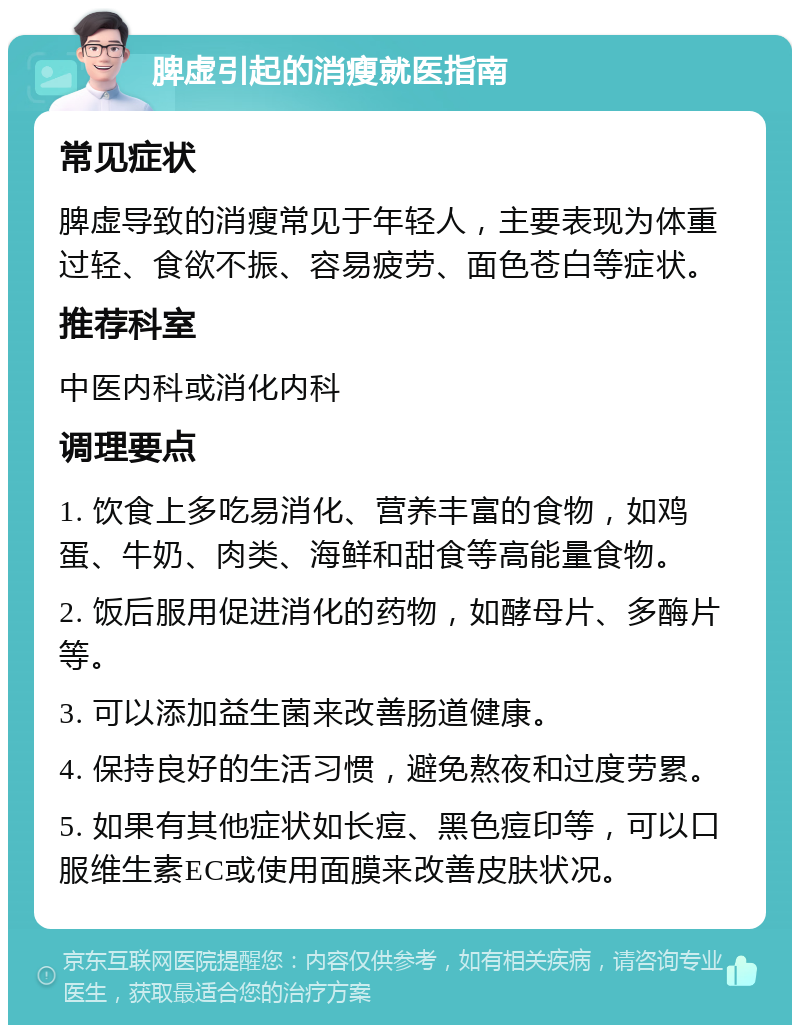 脾虚引起的消瘦就医指南 常见症状 脾虚导致的消瘦常见于年轻人，主要表现为体重过轻、食欲不振、容易疲劳、面色苍白等症状。 推荐科室 中医内科或消化内科 调理要点 1. 饮食上多吃易消化、营养丰富的食物，如鸡蛋、牛奶、肉类、海鲜和甜食等高能量食物。 2. 饭后服用促进消化的药物，如酵母片、多酶片等。 3. 可以添加益生菌来改善肠道健康。 4. 保持良好的生活习惯，避免熬夜和过度劳累。 5. 如果有其他症状如长痘、黑色痘印等，可以口服维生素EC或使用面膜来改善皮肤状况。