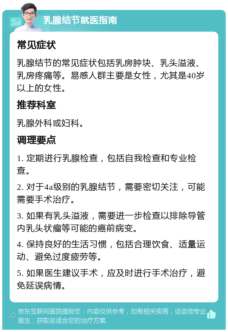 乳腺结节就医指南 常见症状 乳腺结节的常见症状包括乳房肿块、乳头溢液、乳房疼痛等。易感人群主要是女性，尤其是40岁以上的女性。 推荐科室 乳腺外科或妇科。 调理要点 1. 定期进行乳腺检查，包括自我检查和专业检查。 2. 对于4a级别的乳腺结节，需要密切关注，可能需要手术治疗。 3. 如果有乳头溢液，需要进一步检查以排除导管内乳头状瘤等可能的癌前病变。 4. 保持良好的生活习惯，包括合理饮食、适量运动、避免过度疲劳等。 5. 如果医生建议手术，应及时进行手术治疗，避免延误病情。