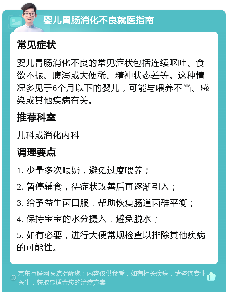 婴儿胃肠消化不良就医指南 常见症状 婴儿胃肠消化不良的常见症状包括连续呕吐、食欲不振、腹泻或大便稀、精神状态差等。这种情况多见于6个月以下的婴儿，可能与喂养不当、感染或其他疾病有关。 推荐科室 儿科或消化内科 调理要点 1. 少量多次喂奶，避免过度喂养； 2. 暂停辅食，待症状改善后再逐渐引入； 3. 给予益生菌口服，帮助恢复肠道菌群平衡； 4. 保持宝宝的水分摄入，避免脱水； 5. 如有必要，进行大便常规检查以排除其他疾病的可能性。