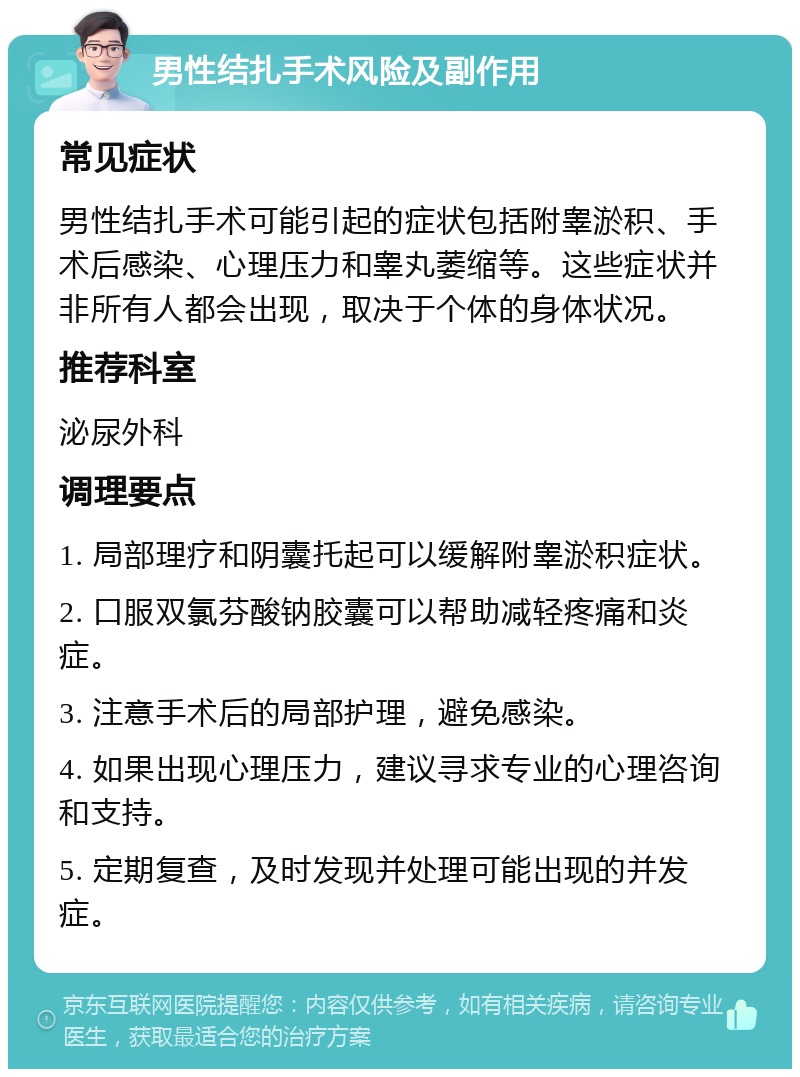 男性结扎手术风险及副作用 常见症状 男性结扎手术可能引起的症状包括附睾淤积、手术后感染、心理压力和睾丸萎缩等。这些症状并非所有人都会出现，取决于个体的身体状况。 推荐科室 泌尿外科 调理要点 1. 局部理疗和阴囊托起可以缓解附睾淤积症状。 2. 口服双氯芬酸钠胶囊可以帮助减轻疼痛和炎症。 3. 注意手术后的局部护理，避免感染。 4. 如果出现心理压力，建议寻求专业的心理咨询和支持。 5. 定期复查，及时发现并处理可能出现的并发症。