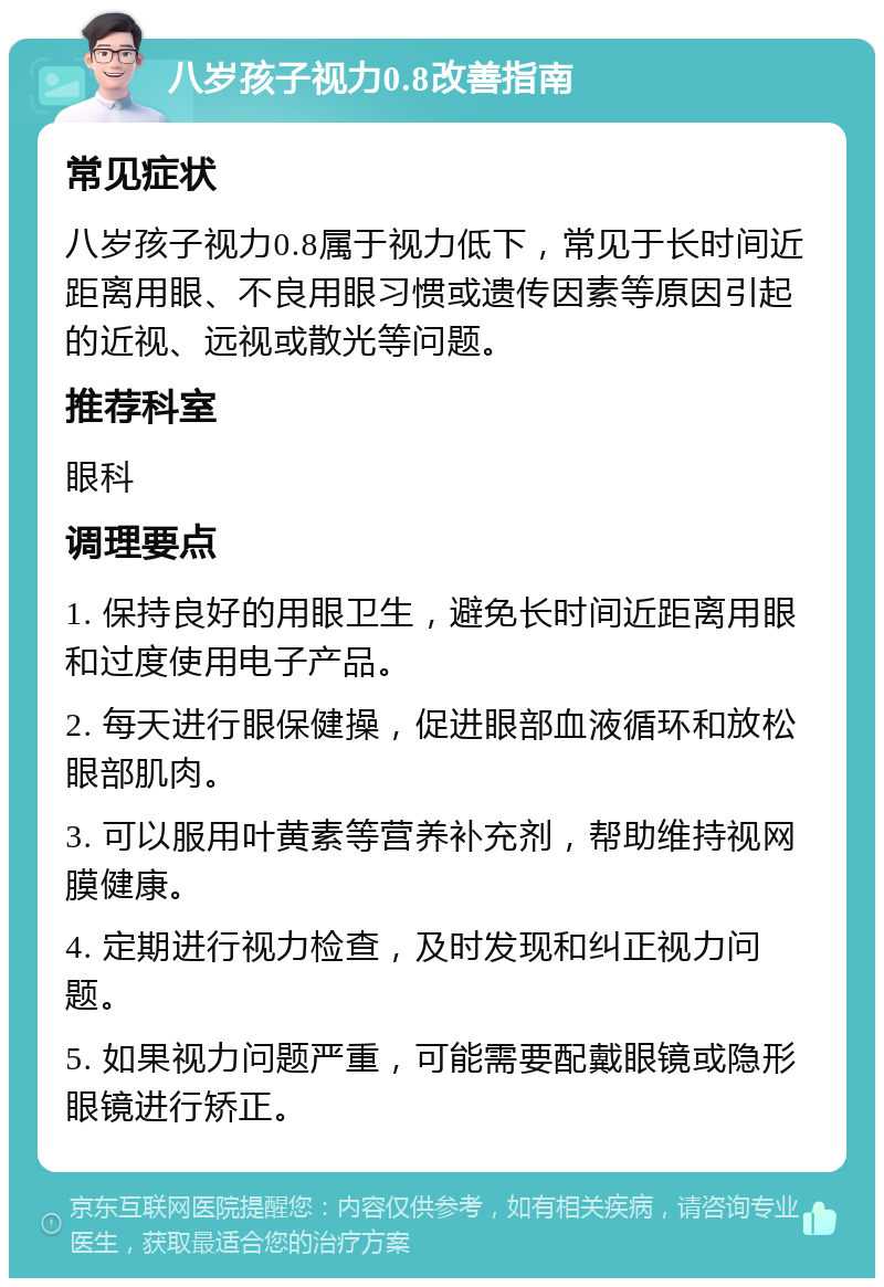 八岁孩子视力0.8改善指南 常见症状 八岁孩子视力0.8属于视力低下，常见于长时间近距离用眼、不良用眼习惯或遗传因素等原因引起的近视、远视或散光等问题。 推荐科室 眼科 调理要点 1. 保持良好的用眼卫生，避免长时间近距离用眼和过度使用电子产品。 2. 每天进行眼保健操，促进眼部血液循环和放松眼部肌肉。 3. 可以服用叶黄素等营养补充剂，帮助维持视网膜健康。 4. 定期进行视力检查，及时发现和纠正视力问题。 5. 如果视力问题严重，可能需要配戴眼镜或隐形眼镜进行矫正。