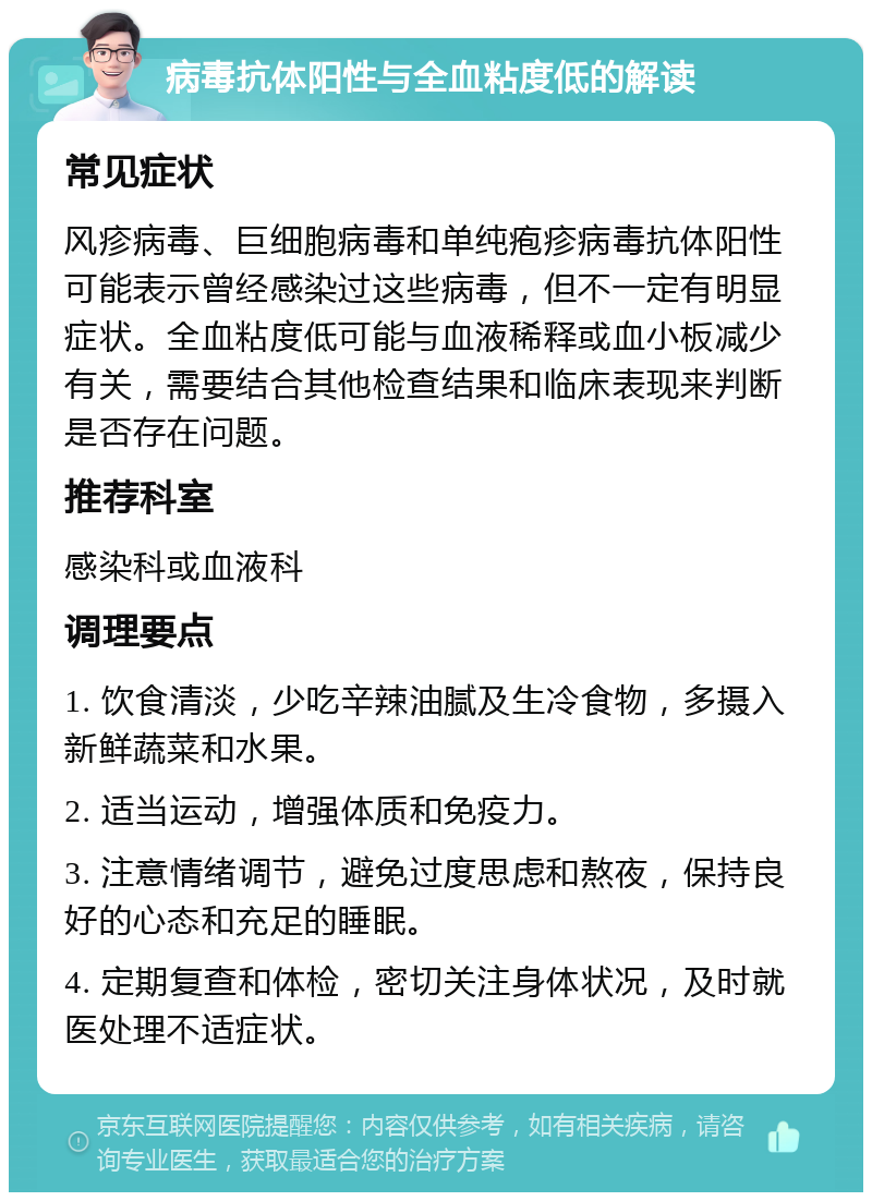 病毒抗体阳性与全血粘度低的解读 常见症状 风疹病毒、巨细胞病毒和单纯疱疹病毒抗体阳性可能表示曾经感染过这些病毒，但不一定有明显症状。全血粘度低可能与血液稀释或血小板减少有关，需要结合其他检查结果和临床表现来判断是否存在问题。 推荐科室 感染科或血液科 调理要点 1. 饮食清淡，少吃辛辣油腻及生冷食物，多摄入新鲜蔬菜和水果。 2. 适当运动，增强体质和免疫力。 3. 注意情绪调节，避免过度思虑和熬夜，保持良好的心态和充足的睡眠。 4. 定期复查和体检，密切关注身体状况，及时就医处理不适症状。