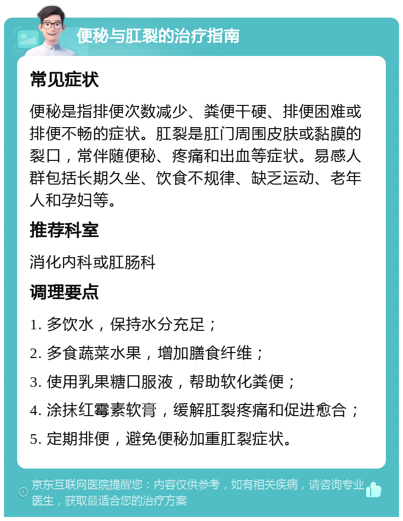 便秘与肛裂的治疗指南 常见症状 便秘是指排便次数减少、粪便干硬、排便困难或排便不畅的症状。肛裂是肛门周围皮肤或黏膜的裂口，常伴随便秘、疼痛和出血等症状。易感人群包括长期久坐、饮食不规律、缺乏运动、老年人和孕妇等。 推荐科室 消化内科或肛肠科 调理要点 1. 多饮水，保持水分充足； 2. 多食蔬菜水果，增加膳食纤维； 3. 使用乳果糖口服液，帮助软化粪便； 4. 涂抹红霉素软膏，缓解肛裂疼痛和促进愈合； 5. 定期排便，避免便秘加重肛裂症状。