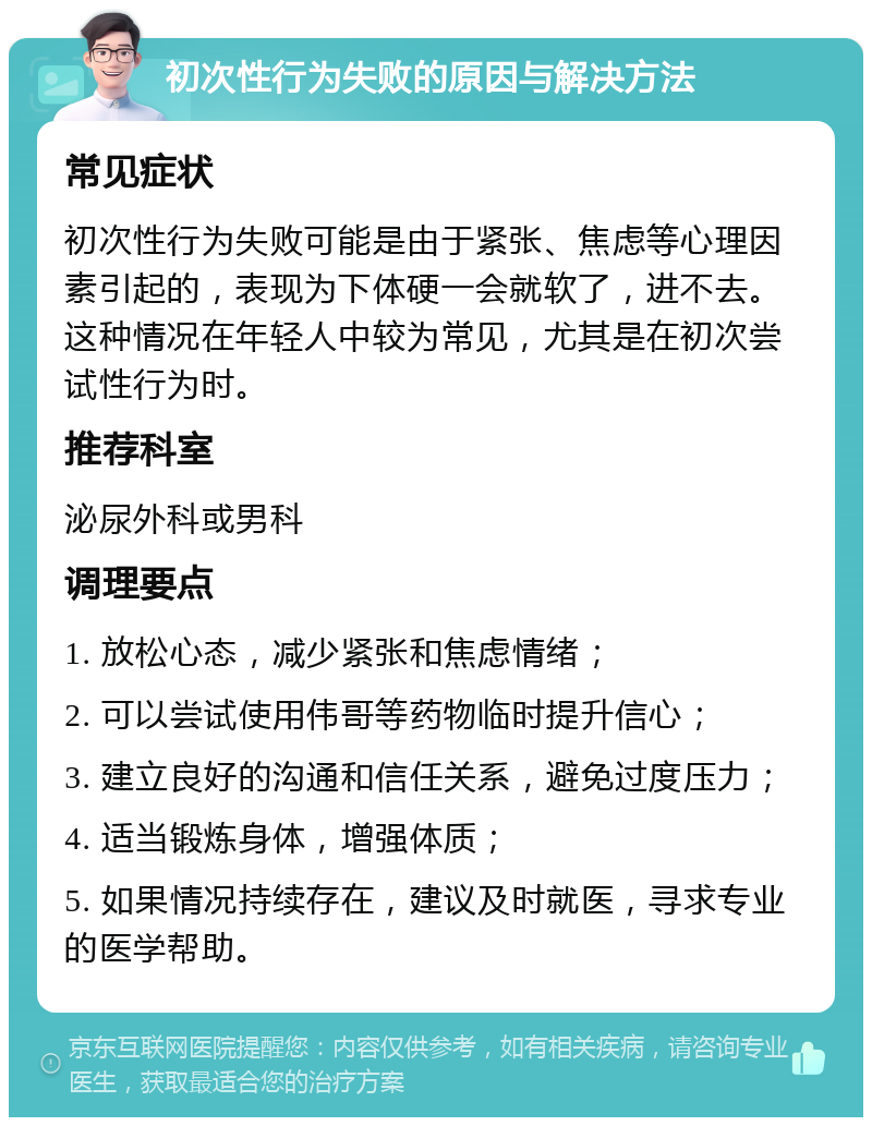 初次性行为失败的原因与解决方法 常见症状 初次性行为失败可能是由于紧张、焦虑等心理因素引起的，表现为下体硬一会就软了，进不去。这种情况在年轻人中较为常见，尤其是在初次尝试性行为时。 推荐科室 泌尿外科或男科 调理要点 1. 放松心态，减少紧张和焦虑情绪； 2. 可以尝试使用伟哥等药物临时提升信心； 3. 建立良好的沟通和信任关系，避免过度压力； 4. 适当锻炼身体，增强体质； 5. 如果情况持续存在，建议及时就医，寻求专业的医学帮助。