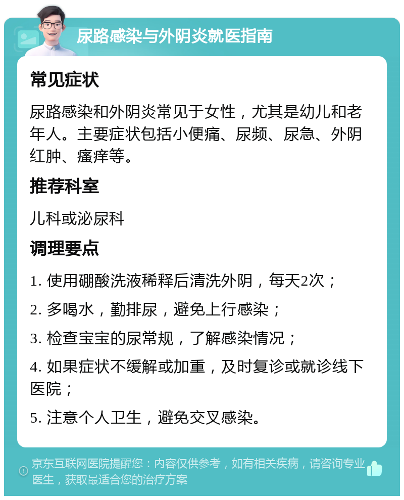 尿路感染与外阴炎就医指南 常见症状 尿路感染和外阴炎常见于女性，尤其是幼儿和老年人。主要症状包括小便痛、尿频、尿急、外阴红肿、瘙痒等。 推荐科室 儿科或泌尿科 调理要点 1. 使用硼酸洗液稀释后清洗外阴，每天2次； 2. 多喝水，勤排尿，避免上行感染； 3. 检查宝宝的尿常规，了解感染情况； 4. 如果症状不缓解或加重，及时复诊或就诊线下医院； 5. 注意个人卫生，避免交叉感染。