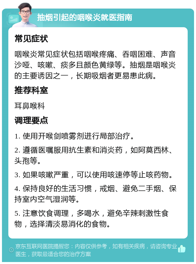 抽烟引起的咽喉炎就医指南 常见症状 咽喉炎常见症状包括咽喉疼痛、吞咽困难、声音沙哑、咳嗽、痰多且颜色黄绿等。抽烟是咽喉炎的主要诱因之一，长期吸烟者更易患此病。 推荐科室 耳鼻喉科 调理要点 1. 使用开喉剑喷雾剂进行局部治疗。 2. 遵循医嘱服用抗生素和消炎药，如阿莫西林、头孢等。 3. 如果咳嗽严重，可以使用咳速停等止咳药物。 4. 保持良好的生活习惯，戒烟、避免二手烟、保持室内空气湿润等。 5. 注意饮食调理，多喝水，避免辛辣刺激性食物，选择清淡易消化的食物。