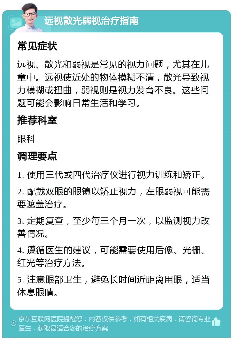 远视散光弱视治疗指南 常见症状 远视、散光和弱视是常见的视力问题，尤其在儿童中。远视使近处的物体模糊不清，散光导致视力模糊或扭曲，弱视则是视力发育不良。这些问题可能会影响日常生活和学习。 推荐科室 眼科 调理要点 1. 使用三代或四代治疗仪进行视力训练和矫正。 2. 配戴双眼的眼镜以矫正视力，左眼弱视可能需要遮盖治疗。 3. 定期复查，至少每三个月一次，以监测视力改善情况。 4. 遵循医生的建议，可能需要使用后像、光栅、红光等治疗方法。 5. 注意眼部卫生，避免长时间近距离用眼，适当休息眼睛。