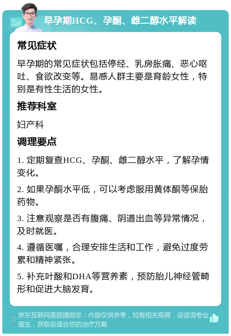 早孕期HCG、孕酮、雌二醇水平解读 常见症状 早孕期的常见症状包括停经、乳房胀痛、恶心呕吐、食欲改变等。易感人群主要是育龄女性，特别是有性生活的女性。 推荐科室 妇产科 调理要点 1. 定期复查HCG、孕酮、雌二醇水平，了解孕情变化。 2. 如果孕酮水平低，可以考虑服用黄体酮等保胎药物。 3. 注意观察是否有腹痛、阴道出血等异常情况，及时就医。 4. 遵循医嘱，合理安排生活和工作，避免过度劳累和精神紧张。 5. 补充叶酸和DHA等营养素，预防胎儿神经管畸形和促进大脑发育。