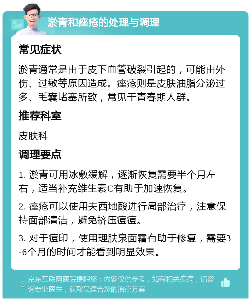 淤青和痤疮的处理与调理 常见症状 淤青通常是由于皮下血管破裂引起的，可能由外伤、过敏等原因造成。痤疮则是皮肤油脂分泌过多、毛囊堵塞所致，常见于青春期人群。 推荐科室 皮肤科 调理要点 1. 淤青可用冰敷缓解，逐渐恢复需要半个月左右，适当补充维生素C有助于加速恢复。 2. 痤疮可以使用夫西地酸进行局部治疗，注意保持面部清洁，避免挤压痘痘。 3. 对于痘印，使用理肤泉面霜有助于修复，需要3-6个月的时间才能看到明显效果。