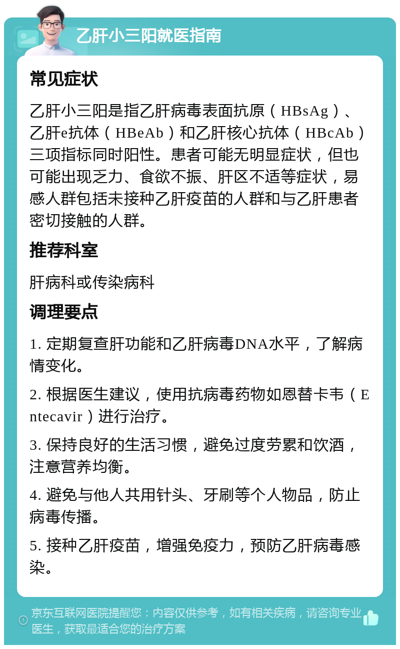 乙肝小三阳就医指南 常见症状 乙肝小三阳是指乙肝病毒表面抗原（HBsAg）、乙肝e抗体（HBeAb）和乙肝核心抗体（HBcAb）三项指标同时阳性。患者可能无明显症状，但也可能出现乏力、食欲不振、肝区不适等症状，易感人群包括未接种乙肝疫苗的人群和与乙肝患者密切接触的人群。 推荐科室 肝病科或传染病科 调理要点 1. 定期复查肝功能和乙肝病毒DNA水平，了解病情变化。 2. 根据医生建议，使用抗病毒药物如恩替卡韦（Entecavir）进行治疗。 3. 保持良好的生活习惯，避免过度劳累和饮酒，注意营养均衡。 4. 避免与他人共用针头、牙刷等个人物品，防止病毒传播。 5. 接种乙肝疫苗，增强免疫力，预防乙肝病毒感染。