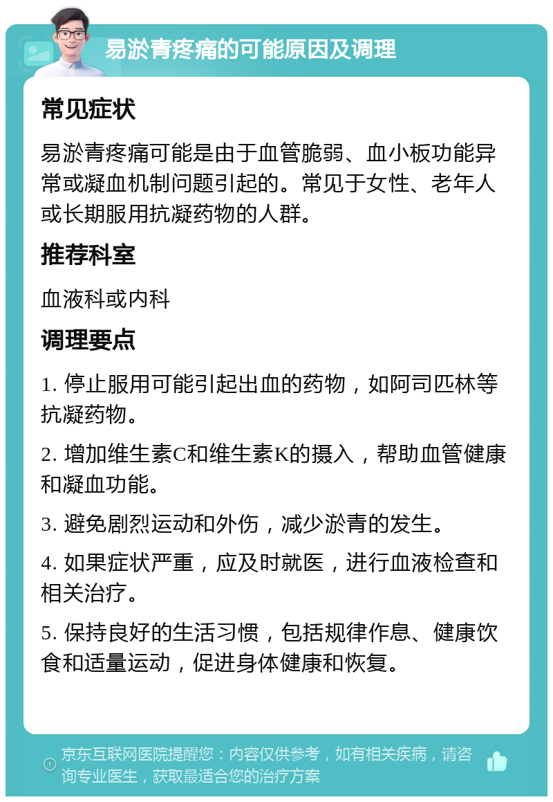 易淤青疼痛的可能原因及调理 常见症状 易淤青疼痛可能是由于血管脆弱、血小板功能异常或凝血机制问题引起的。常见于女性、老年人或长期服用抗凝药物的人群。 推荐科室 血液科或内科 调理要点 1. 停止服用可能引起出血的药物，如阿司匹林等抗凝药物。 2. 增加维生素C和维生素K的摄入，帮助血管健康和凝血功能。 3. 避免剧烈运动和外伤，减少淤青的发生。 4. 如果症状严重，应及时就医，进行血液检查和相关治疗。 5. 保持良好的生活习惯，包括规律作息、健康饮食和适量运动，促进身体健康和恢复。