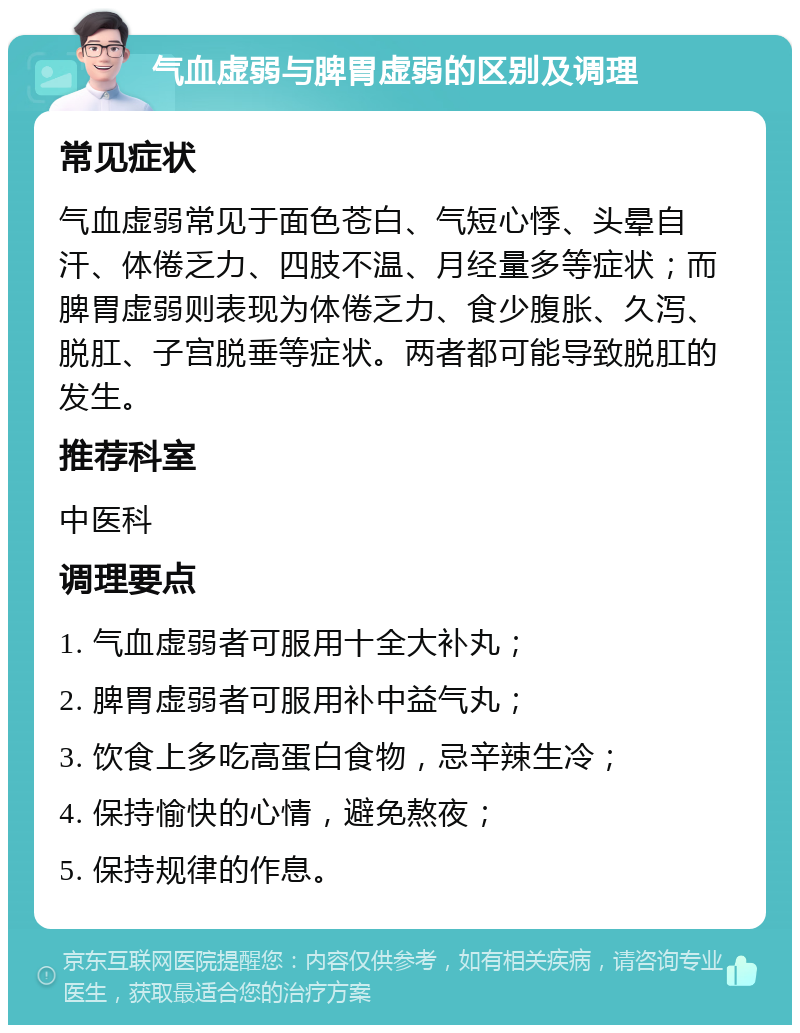 气血虚弱与脾胃虚弱的区别及调理 常见症状 气血虚弱常见于面色苍白、气短心悸、头晕自汗、体倦乏力、四肢不温、月经量多等症状；而脾胃虚弱则表现为体倦乏力、食少腹胀、久泻、脱肛、子宫脱垂等症状。两者都可能导致脱肛的发生。 推荐科室 中医科 调理要点 1. 气血虚弱者可服用十全大补丸； 2. 脾胃虚弱者可服用补中益气丸； 3. 饮食上多吃高蛋白食物，忌辛辣生冷； 4. 保持愉快的心情，避免熬夜； 5. 保持规律的作息。