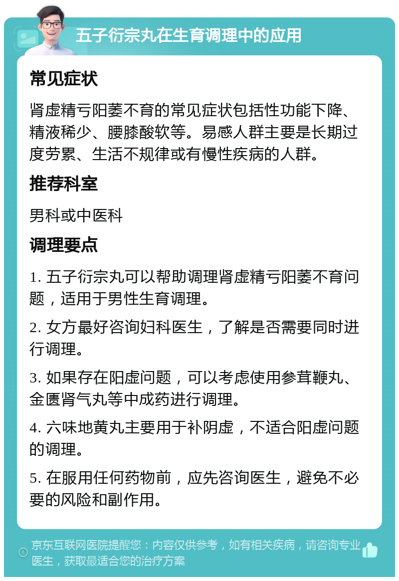 五子衍宗丸在生育调理中的应用 常见症状 肾虚精亏阳萎不育的常见症状包括性功能下降、精液稀少、腰膝酸软等。易感人群主要是长期过度劳累、生活不规律或有慢性疾病的人群。 推荐科室 男科或中医科 调理要点 1. 五子衍宗丸可以帮助调理肾虚精亏阳萎不育问题，适用于男性生育调理。 2. 女方最好咨询妇科医生，了解是否需要同时进行调理。 3. 如果存在阳虚问题，可以考虑使用参茸鞭丸、金匮肾气丸等中成药进行调理。 4. 六味地黄丸主要用于补阴虚，不适合阳虚问题的调理。 5. 在服用任何药物前，应先咨询医生，避免不必要的风险和副作用。