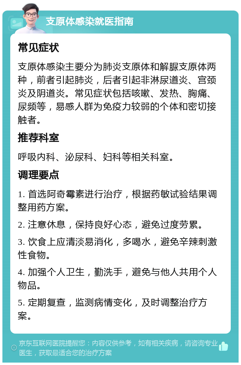 支原体感染就医指南 常见症状 支原体感染主要分为肺炎支原体和解脲支原体两种，前者引起肺炎，后者引起非淋尿道炎、宫颈炎及阴道炎。常见症状包括咳嗽、发热、胸痛、尿频等，易感人群为免疫力较弱的个体和密切接触者。 推荐科室 呼吸内科、泌尿科、妇科等相关科室。 调理要点 1. 首选阿奇霉素进行治疗，根据药敏试验结果调整用药方案。 2. 注意休息，保持良好心态，避免过度劳累。 3. 饮食上应清淡易消化，多喝水，避免辛辣刺激性食物。 4. 加强个人卫生，勤洗手，避免与他人共用个人物品。 5. 定期复查，监测病情变化，及时调整治疗方案。