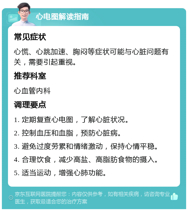 心电图解读指南 常见症状 心慌、心跳加速、胸闷等症状可能与心脏问题有关，需要引起重视。 推荐科室 心血管内科 调理要点 1. 定期复查心电图，了解心脏状况。 2. 控制血压和血脂，预防心脏病。 3. 避免过度劳累和情绪激动，保持心情平稳。 4. 合理饮食，减少高盐、高脂肪食物的摄入。 5. 适当运动，增强心肺功能。