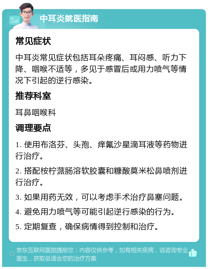 中耳炎就医指南 常见症状 中耳炎常见症状包括耳朵疼痛、耳闷感、听力下降、咽喉不适等，多见于感冒后或用力喷气等情况下引起的逆行感染。 推荐科室 耳鼻咽喉科 调理要点 1. 使用布洛芬、头孢、痒氟沙星滴耳液等药物进行治疗。 2. 搭配桉柠蒎肠溶软胶囊和糠酸莫米松鼻喷剂进行治疗。 3. 如果用药无效，可以考虑手术治疗鼻塞问题。 4. 避免用力喷气等可能引起逆行感染的行为。 5. 定期复查，确保病情得到控制和治疗。