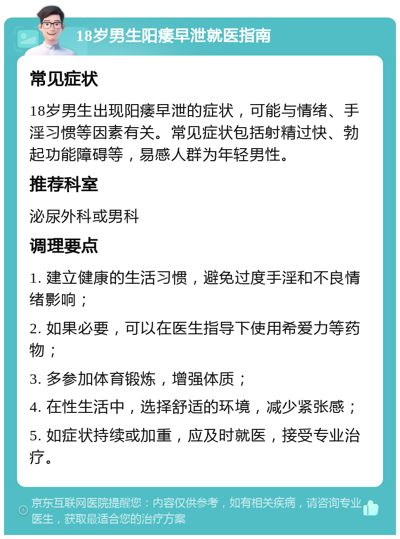 18岁男生阳痿早泄就医指南 常见症状 18岁男生出现阳痿早泄的症状，可能与情绪、手淫习惯等因素有关。常见症状包括射精过快、勃起功能障碍等，易感人群为年轻男性。 推荐科室 泌尿外科或男科 调理要点 1. 建立健康的生活习惯，避免过度手淫和不良情绪影响； 2. 如果必要，可以在医生指导下使用希爱力等药物； 3. 多参加体育锻炼，增强体质； 4. 在性生活中，选择舒适的环境，减少紧张感； 5. 如症状持续或加重，应及时就医，接受专业治疗。