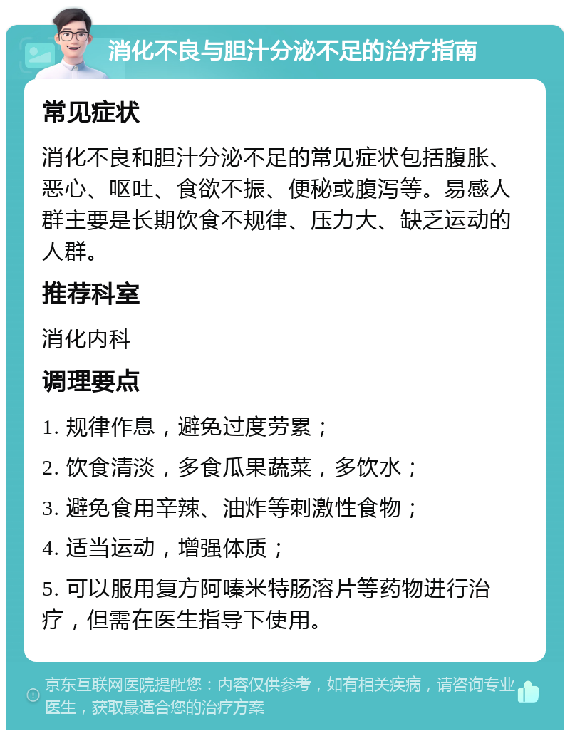 消化不良与胆汁分泌不足的治疗指南 常见症状 消化不良和胆汁分泌不足的常见症状包括腹胀、恶心、呕吐、食欲不振、便秘或腹泻等。易感人群主要是长期饮食不规律、压力大、缺乏运动的人群。 推荐科室 消化内科 调理要点 1. 规律作息，避免过度劳累； 2. 饮食清淡，多食瓜果蔬菜，多饮水； 3. 避免食用辛辣、油炸等刺激性食物； 4. 适当运动，增强体质； 5. 可以服用复方阿嗪米特肠溶片等药物进行治疗，但需在医生指导下使用。