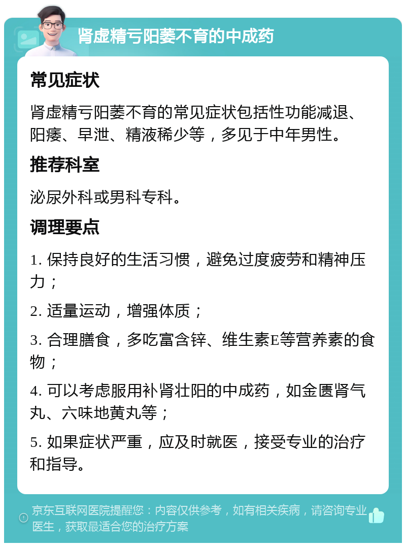 肾虚精亏阳萎不育的中成药 常见症状 肾虚精亏阳萎不育的常见症状包括性功能减退、阳痿、早泄、精液稀少等，多见于中年男性。 推荐科室 泌尿外科或男科专科。 调理要点 1. 保持良好的生活习惯，避免过度疲劳和精神压力； 2. 适量运动，增强体质； 3. 合理膳食，多吃富含锌、维生素E等营养素的食物； 4. 可以考虑服用补肾壮阳的中成药，如金匮肾气丸、六味地黄丸等； 5. 如果症状严重，应及时就医，接受专业的治疗和指导。