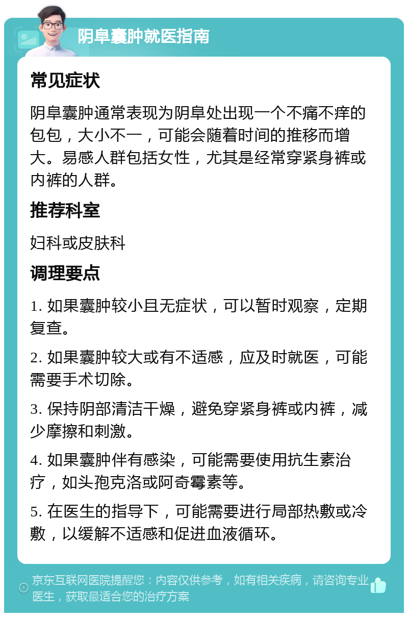 阴阜囊肿就医指南 常见症状 阴阜囊肿通常表现为阴阜处出现一个不痛不痒的包包，大小不一，可能会随着时间的推移而增大。易感人群包括女性，尤其是经常穿紧身裤或内裤的人群。 推荐科室 妇科或皮肤科 调理要点 1. 如果囊肿较小且无症状，可以暂时观察，定期复查。 2. 如果囊肿较大或有不适感，应及时就医，可能需要手术切除。 3. 保持阴部清洁干燥，避免穿紧身裤或内裤，减少摩擦和刺激。 4. 如果囊肿伴有感染，可能需要使用抗生素治疗，如头孢克洛或阿奇霉素等。 5. 在医生的指导下，可能需要进行局部热敷或冷敷，以缓解不适感和促进血液循环。