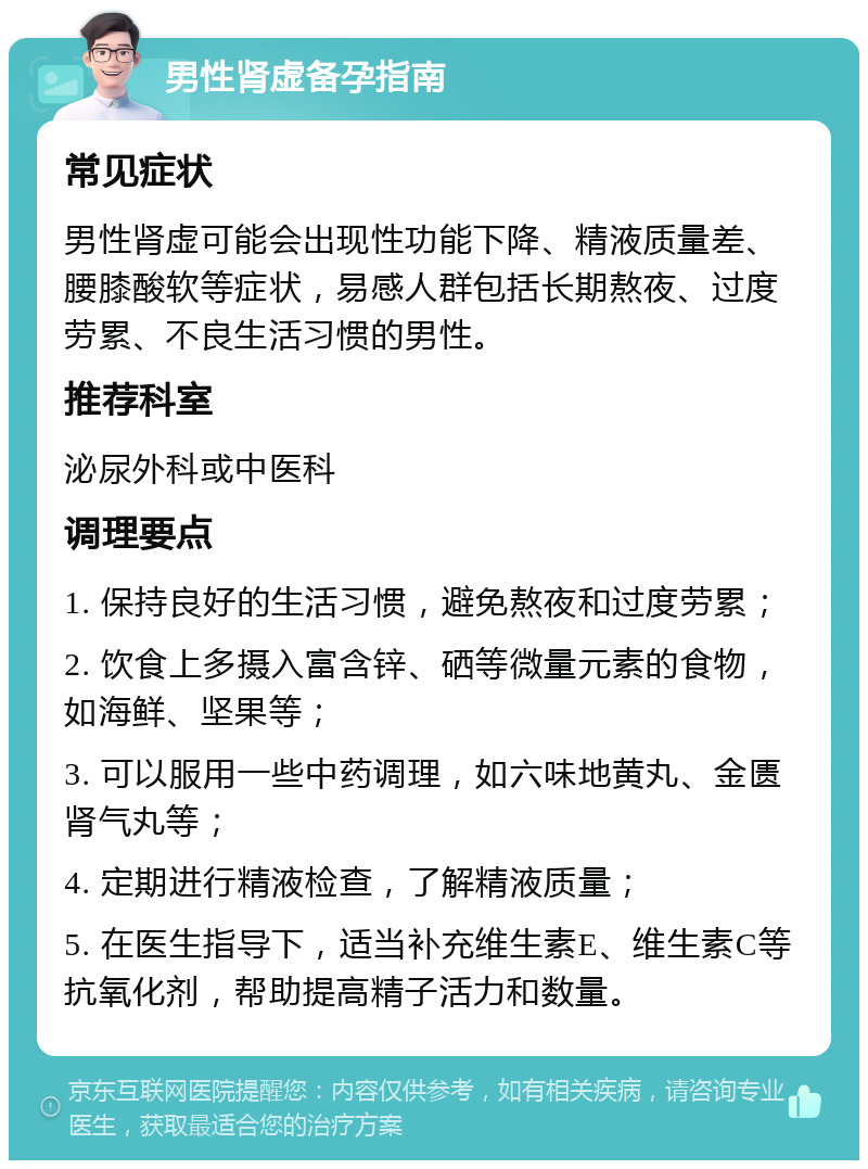 男性肾虚备孕指南 常见症状 男性肾虚可能会出现性功能下降、精液质量差、腰膝酸软等症状，易感人群包括长期熬夜、过度劳累、不良生活习惯的男性。 推荐科室 泌尿外科或中医科 调理要点 1. 保持良好的生活习惯，避免熬夜和过度劳累； 2. 饮食上多摄入富含锌、硒等微量元素的食物，如海鲜、坚果等； 3. 可以服用一些中药调理，如六味地黄丸、金匮肾气丸等； 4. 定期进行精液检查，了解精液质量； 5. 在医生指导下，适当补充维生素E、维生素C等抗氧化剂，帮助提高精子活力和数量。