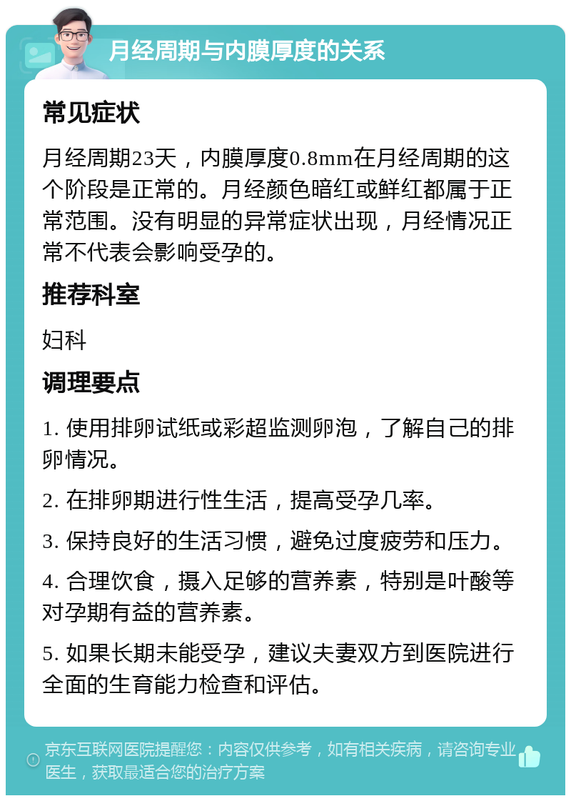 月经周期与内膜厚度的关系 常见症状 月经周期23天，内膜厚度0.8mm在月经周期的这个阶段是正常的。月经颜色暗红或鲜红都属于正常范围。没有明显的异常症状出现，月经情况正常不代表会影响受孕的。 推荐科室 妇科 调理要点 1. 使用排卵试纸或彩超监测卵泡，了解自己的排卵情况。 2. 在排卵期进行性生活，提高受孕几率。 3. 保持良好的生活习惯，避免过度疲劳和压力。 4. 合理饮食，摄入足够的营养素，特别是叶酸等对孕期有益的营养素。 5. 如果长期未能受孕，建议夫妻双方到医院进行全面的生育能力检查和评估。